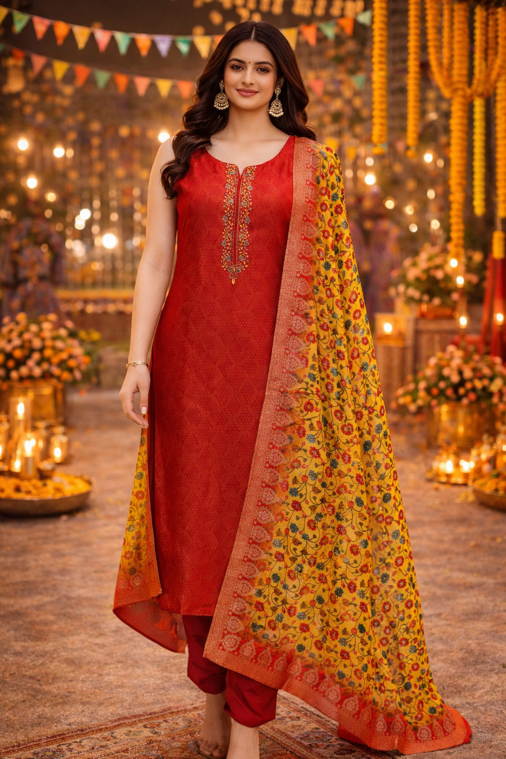 Red Silk Kurta Set with Floral Dupatta & Pants